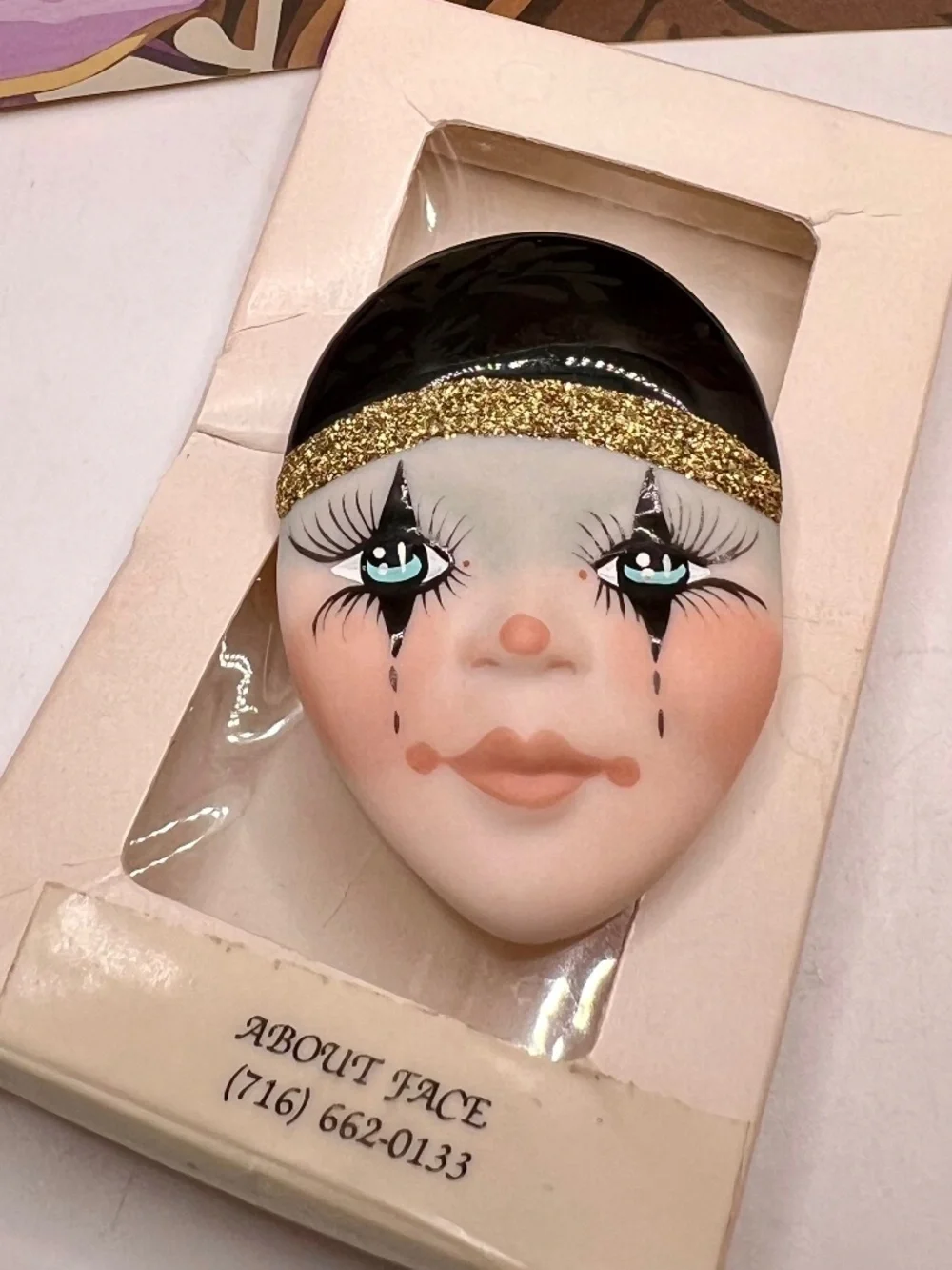 About Face Pierrot Face Brooch - Hand Painted